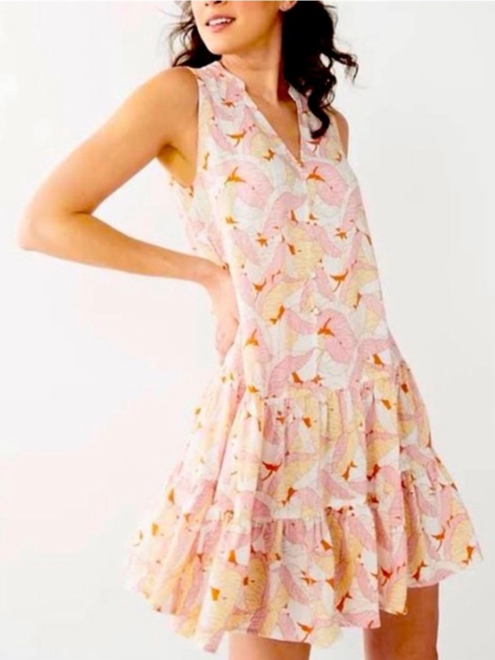 Nine West Tropical Leaf Print Tiered Mini Dress XL | Boho Swing Tunic